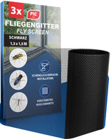 PIC Fliegengitter 130x150 cm Schwarz 3er Set – ohne Bohren, Mückenschutz | Ohne Bohren, waschbar und wiederverwendbar, Mückenschutz gegen Mücken und Fliegen