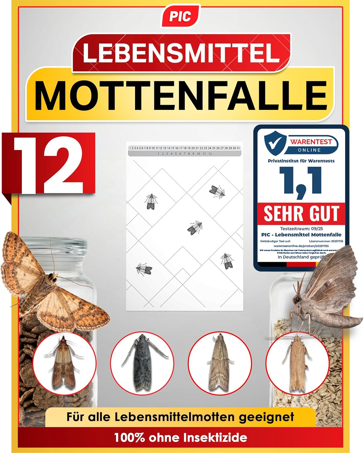 PIC Lebensmittelmotten Falle, 12 Stück Starke Pheromonfallen gegen Motten | Geruchlos und insektizidfrei, bis zu 8 Wochen wirksam gegen Dörrobst- und Mehlmotten, ideal für Küche und Speisekammer – Produktbild aus dem Amazonangebot